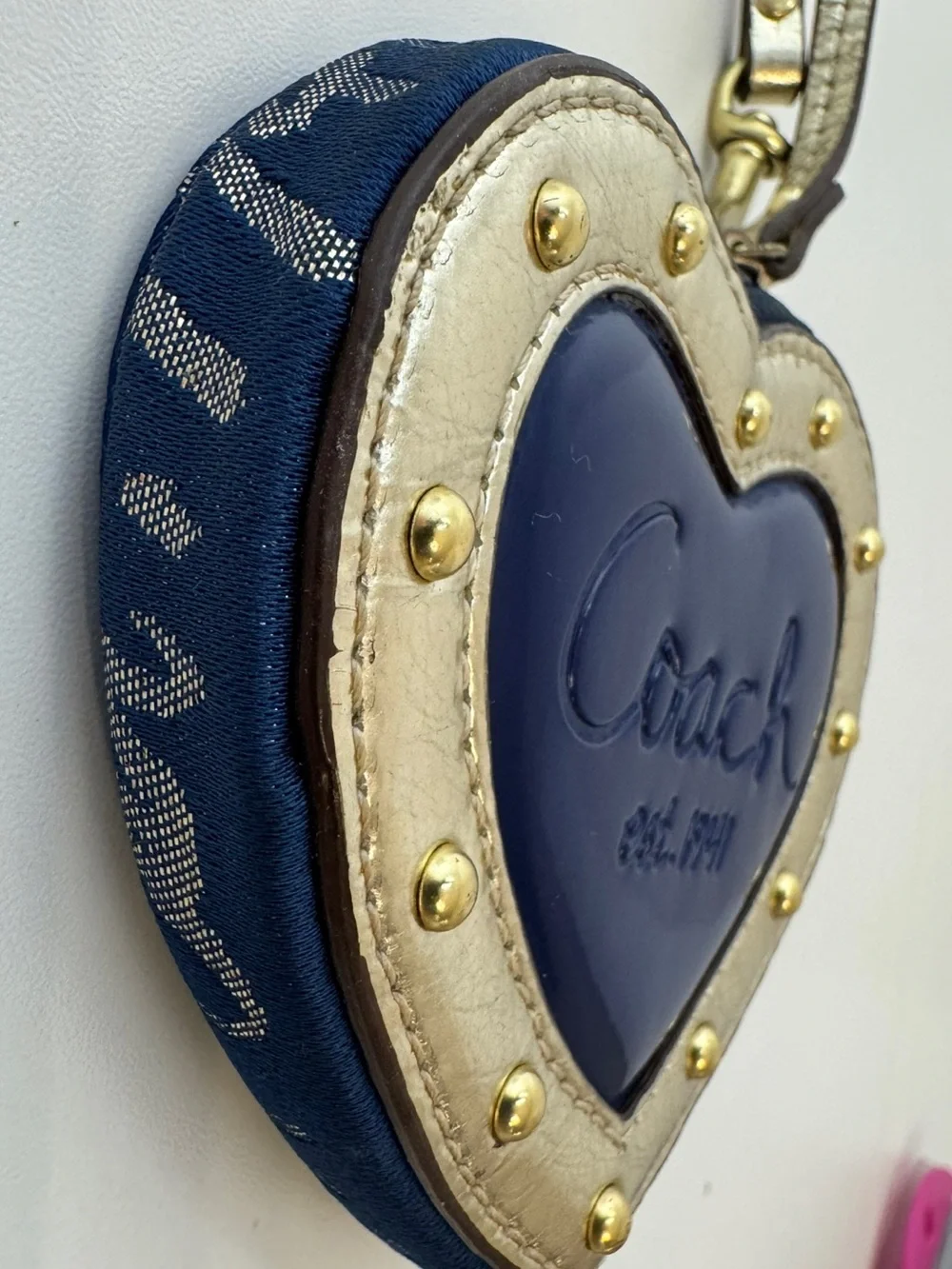 Coach Y2K Script Heart Navy And Gold Story Patch Heart Coin Bag Keychain Charm